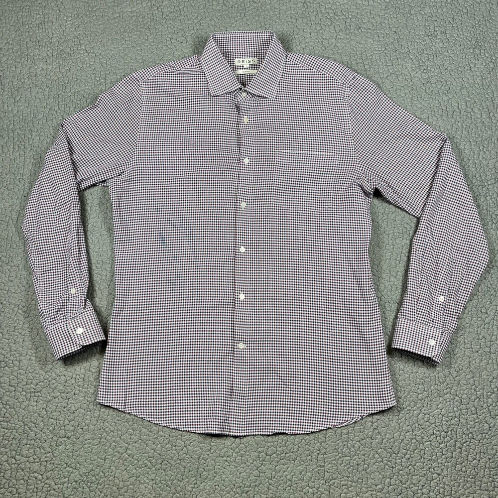 REISS Button Down Shirt Mens Slim Fit Gingham‎ Check Navy Burgundy White Large L